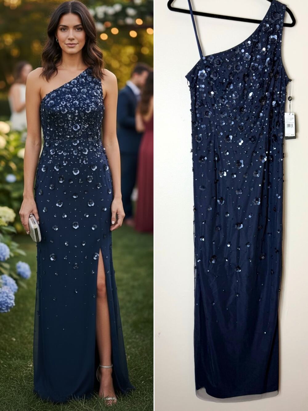 Adrianna Papell Navy 3D Floral Sequin Beaded Dress Wedding Guest Formal Gown